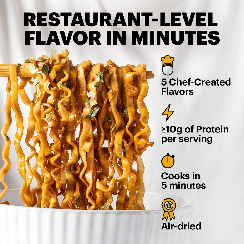 Noodles with grey background describing noodle advantages