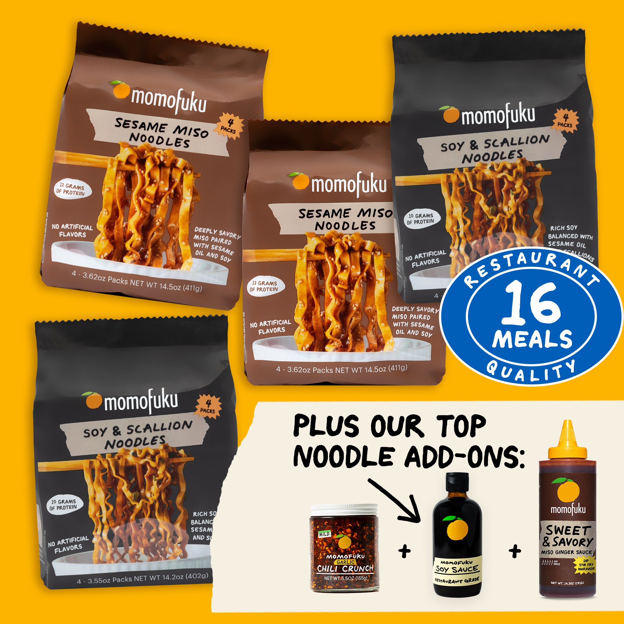Momofuku sesame miso and soy scallion noodles packages with additional sauces on a yellow background