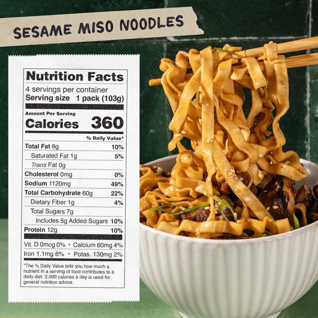 Bowl of sesame miso noodles with a nutrition facts label on a green background